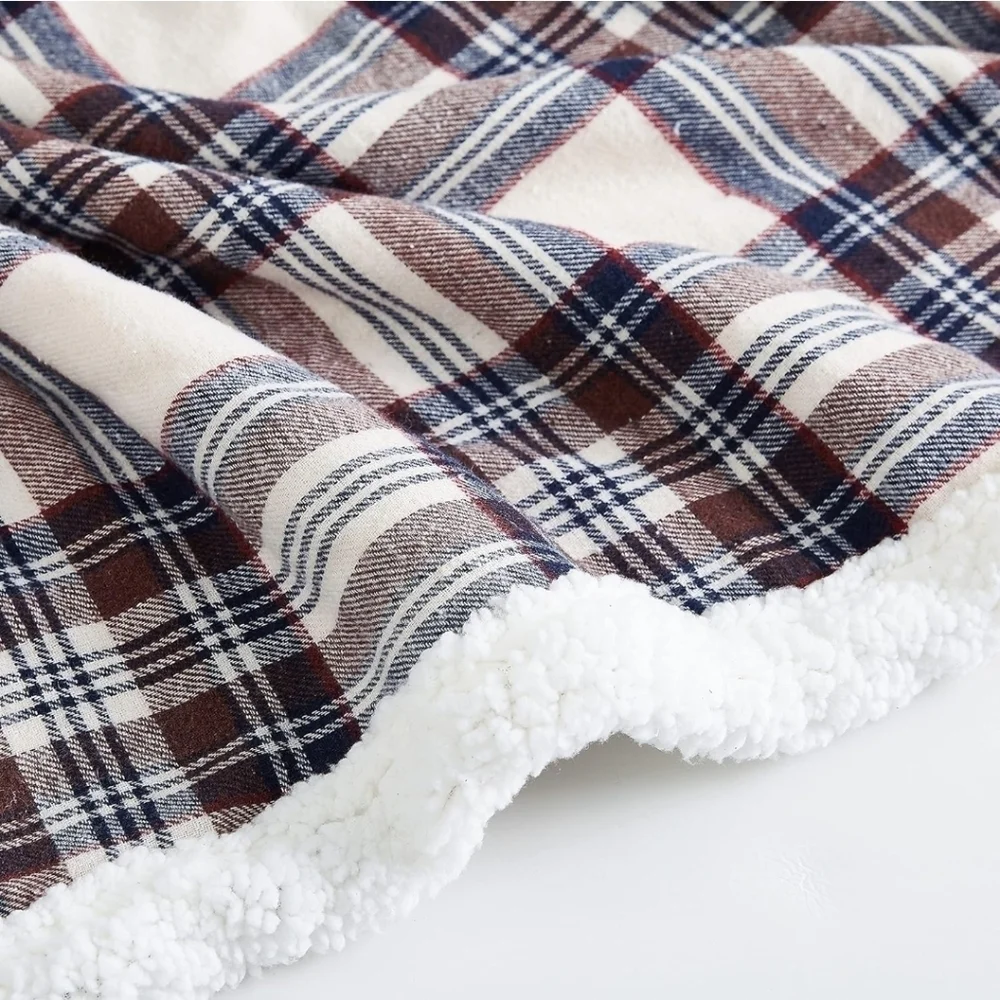 Eddie Bauer Sherpa & Brushed Fleece Edgewood Plaid Khaki Blanket. 50